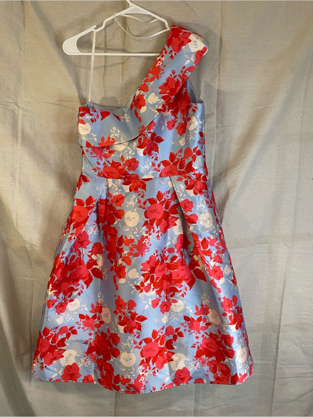 One-Shoulder Floral Fit-and-Flare Dress in Sky Blue and Red